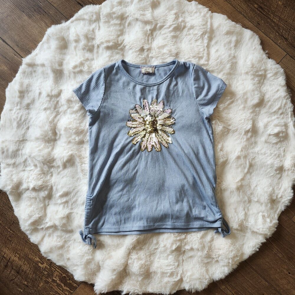 Btween Blue Ribbed Flower Sequin Shirt Girls Size 12